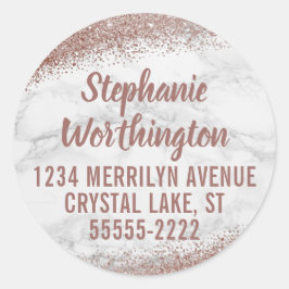 Marble & Rose Gold Glitzer Script Rücksendeadresse Runder Aufkleber