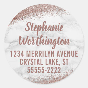 Marble & Rose Gold Glitzer Script Rücksendeadresse Runder Aufkleber