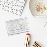 Marble Rose Gold Lashes & Brows Personalized Visitenkarten Dose<br><div class="desc">Elegant business card holder for aestheticians or makeup artists features your name and/or business name in dark gray lettering on a marble background adorned with a pair of lush lashes and brows in faux rose gold foil.</div>