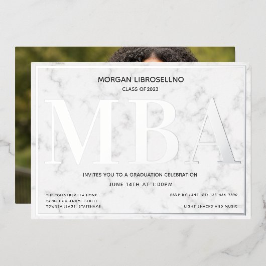 Marble Silver Foto MBA Abschluss Folieneinladung (Vorderseite/Rückseite)
