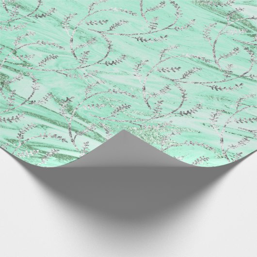 Marble Silver Gray Mint Green Floral Foil Laurel Geschenkpapier (Ecke)