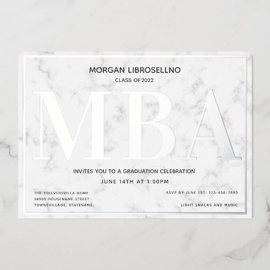 Marble Silver MBA Abschluss Folieneinladung (Vorderseite)