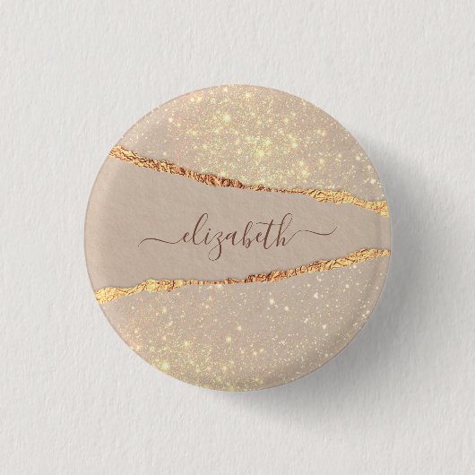 Marble-Stone-Agate Glitter rose gold Name Script Button (Vorderseite)