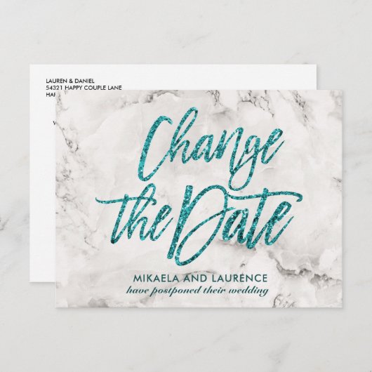 Marble Tourquoise Glitzer Skript ändern Datum Ankündigungspostkarte (Vorne/Hinten)