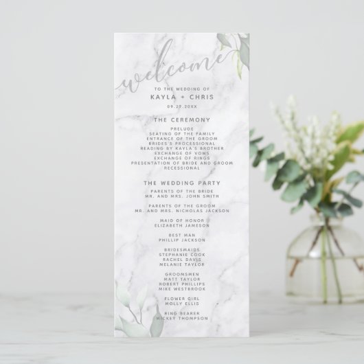 Marble Watercolor Floral Wedding Program Programm (Stehend Vorderseite)