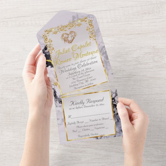 Marble & White, Gold Frame, Gold Heart All In One Einladung (Abreißen)