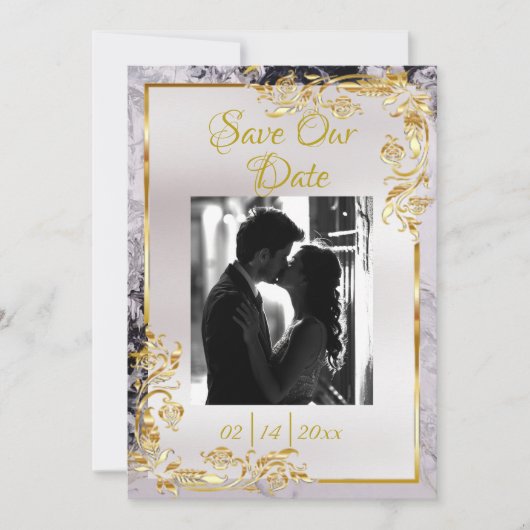 Marble & White, Gold Frame, Silver Heart Save The Date (Vorderseite)