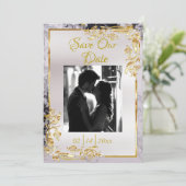 Marble & White, Gold Frame, Silver Heart Save The Date (Stehend Vorderseite)