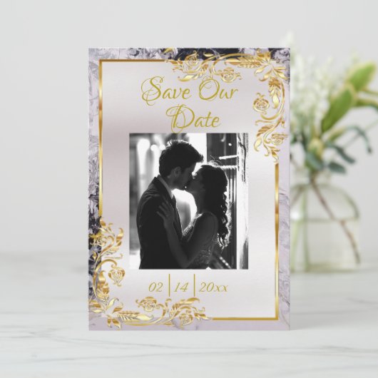 Marble & White, Gold Frame, Silver Heart Save The Date (Stehend Vorderseite)