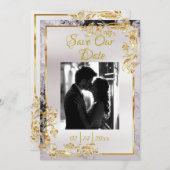Marble & White, Gold Frame, Silver Heart Save The Date (Vorne/Hinten)