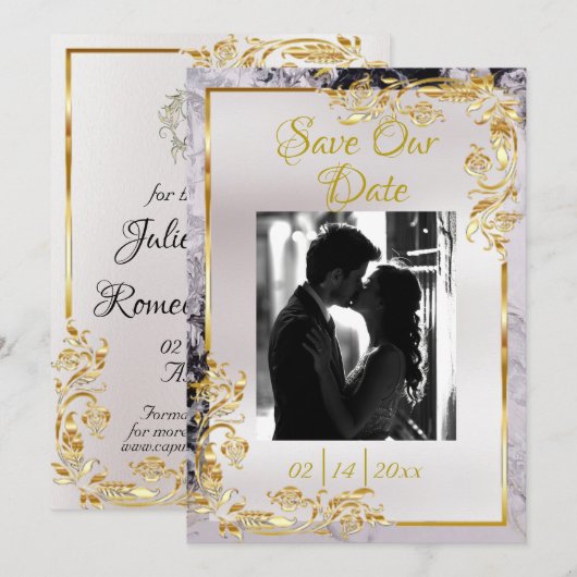 Marble & White, Gold Frame, Silver Heart Save The Date (Vorne/Hinten)