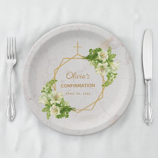 Marble White Lilies Gold Cross Bloral Pappteller