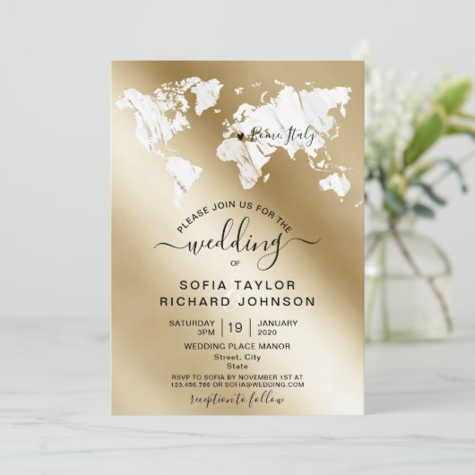 Marble World Map Einladung zur Hochzeitsdestinatio (Stehend Vorderseite)