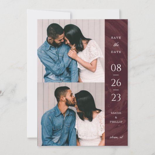 Marbled Band 2-Foto Save the Date Card - Rot Einladung (Vorderseite)