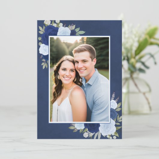 Marbled Blue Boho Rose Foto Underlay Wedding Einladung (Stehend Vorderseite)