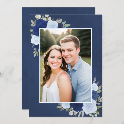 Marbled Blue Boho Rose Foto Underlay Wedding Einladung (Vorne/Hinten)