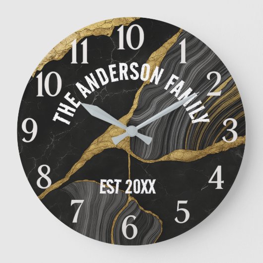 Marbled Glass Luxury Elegant Family Name Große Wanduhr (Vorderseite)