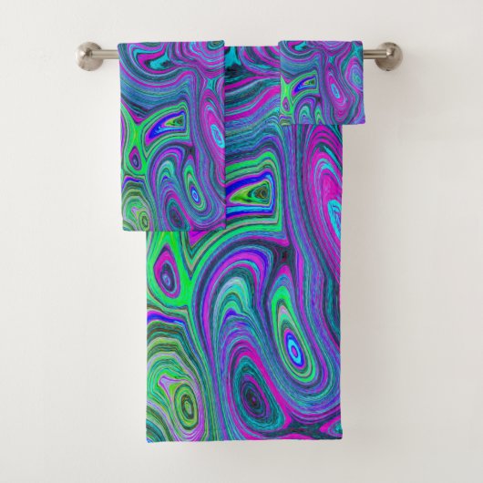 Marbled Magenta und Lime Green Groovy Abstrakte Ku Badhandtuch Set (Insitu)