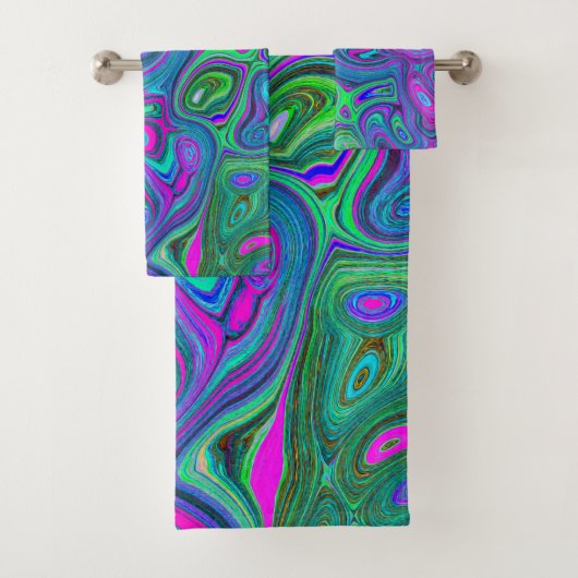 Marbled Magenta und Lime Green Groovy Abstrakte Ku Badhandtuch Set (Insitu)