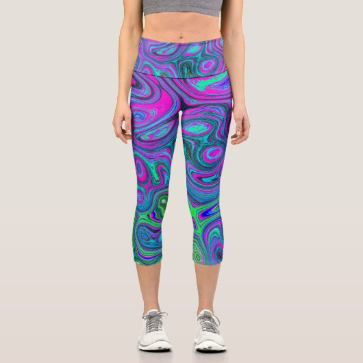 Marbled Magenta und Lime Green Groovy Abstrakte Ku Capri Leggings (Vorderseite)