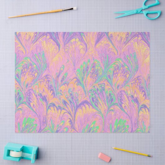 MARBLED PAPER,ABSTRACT PINK GREEN  PEACOCK PATTERN SEIDENPAPIER (Basteln)