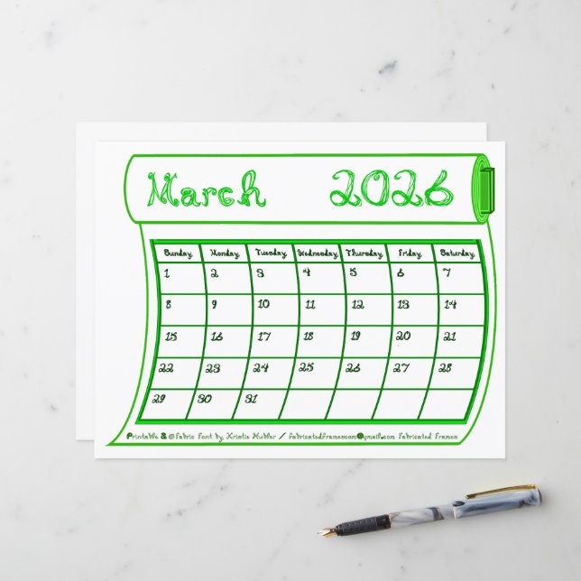 March 2026 Month Green Line Art Fabric Font Paper (Vorderseite/Rückseite Beispiel)