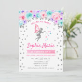 Märchen 1. Geburtstag - Silber Aquamarin Lila Rosa Einladung (Stehend Vorderseite)