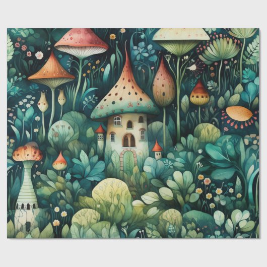 Märchen in Fairyland Mushroom House Green Orange Geschenkpapier (Flach)