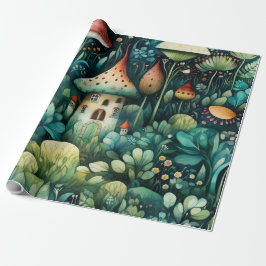 Märchen in Fairyland Mushroom House Green Orange Geschenkpapier