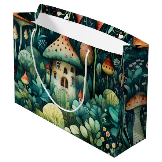 Märchen in Fairyland Mushroom House Green Orange Große Geschenktüte (Rückseite Schrägansicht)