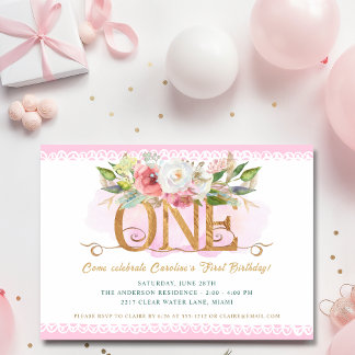 Märchen Magisches Blumenrosa 1. Geburtstag Party Einladung