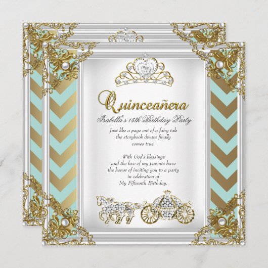 Märchen Quinceanera 15. Geburtstag Minze Gold 2 Einladung (Vorne/Hinten)
