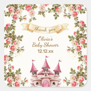 Märchen-Schloss-Baby-Shower-Dankeschön mit Wildblu Quadratischer Aufkleber