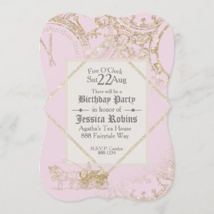 Märchen-Themen-Schloss-Kutsche-Gold-Glitter-Rosa Einladung