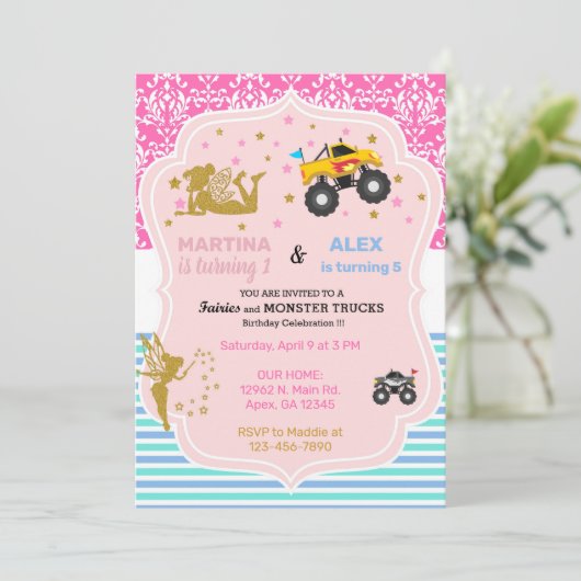 Märchen- und Monsterfahrer Geschwister Geburtstag. Einladung (Stehend Vorderseite)