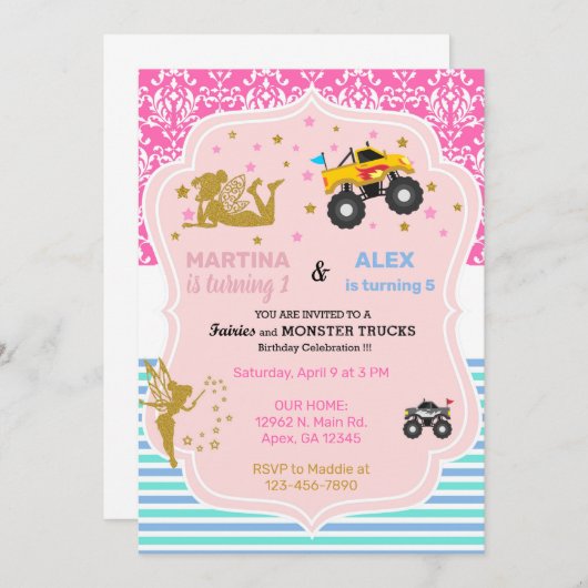 Märchen- und Monsterfahrer Geschwister Geburtstag. Einladung (Vorne/Hinten)