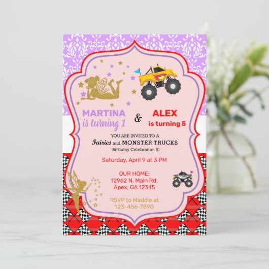 Märchen- und Monsterfahrer Geschwister Geburtstag. Einladung (Stehend Vorderseite)