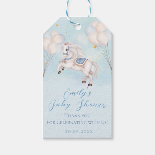 Märchenbaby Pony Blue Ballons Stars Dusche Geschenkanhänger (Vorderseite)