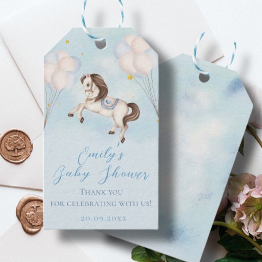 Märchenbaby Pony Blue Ballons Stars Dusche Geschenkanhänger