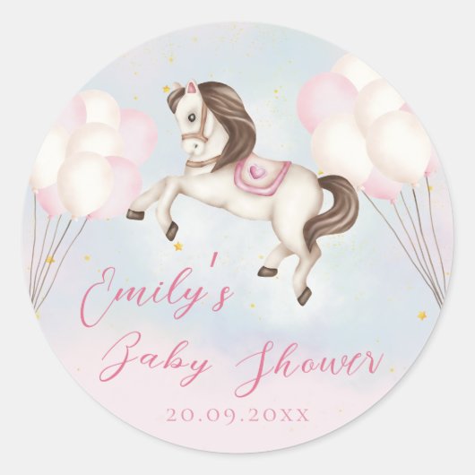 Märchenbaby Pony Rosa Ballons Stars Dusche Runder Aufkleber (Vorderseite)