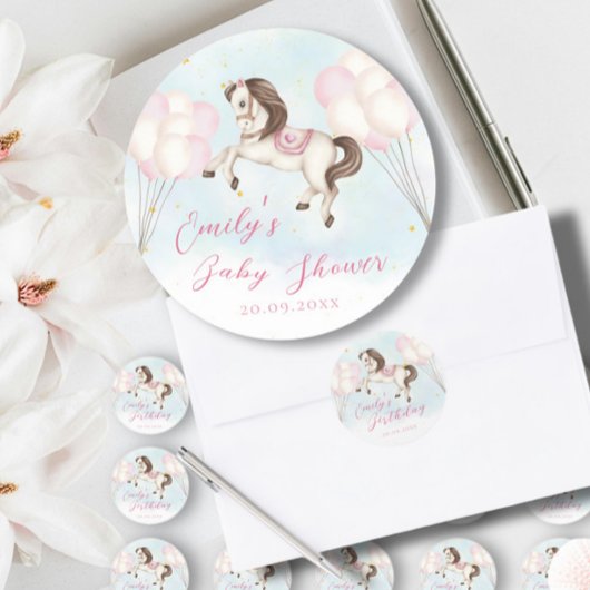 Märchenbaby Pony Rosa Ballons Stars Dusche Runder Aufkleber