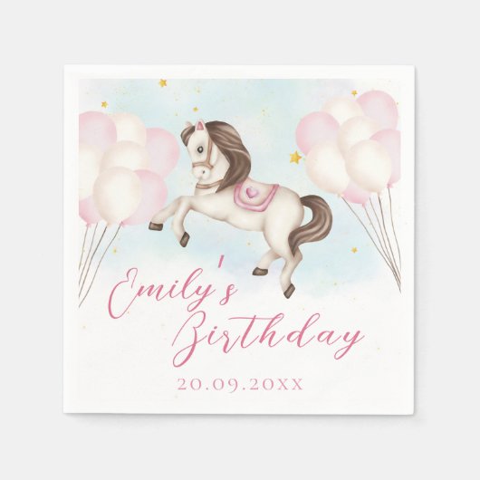 Märchenbaby Pony Rosa Ballons Stern Geburtstag Serviette (Vorderseite)