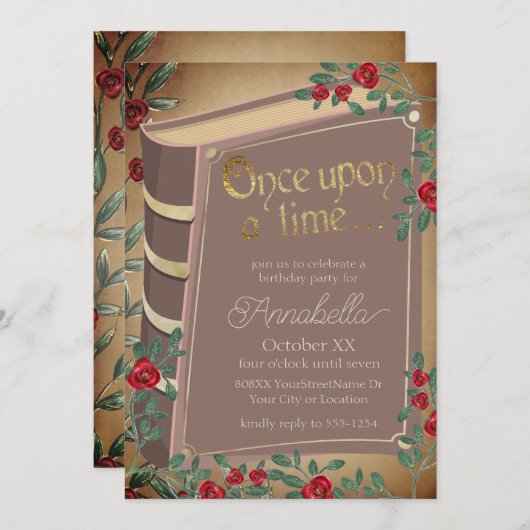 Märchenbuchabdeckung mit Rote Rosen auf Pergament Einladung (Vorne/Hinten)