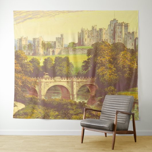 Märchenburg Vintage Illustrationslage Wandteppich (Beispiel (Horizontal))
