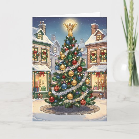 Märchendorf-Weihnachtsbaum mit Engel Karte (Vorderseite)