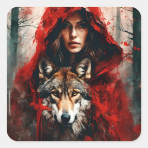 Märchenfrau und ein Wolf Quadratischer Aufkleber