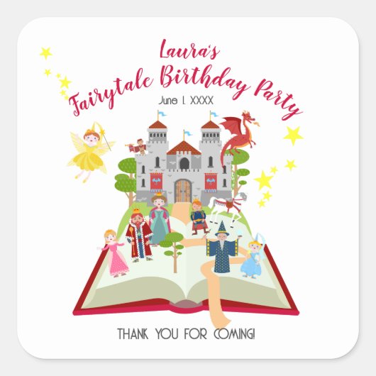 Märchengeschichten Girl's Birthday Party Quadratischer Aufkleber (Vorderseite)