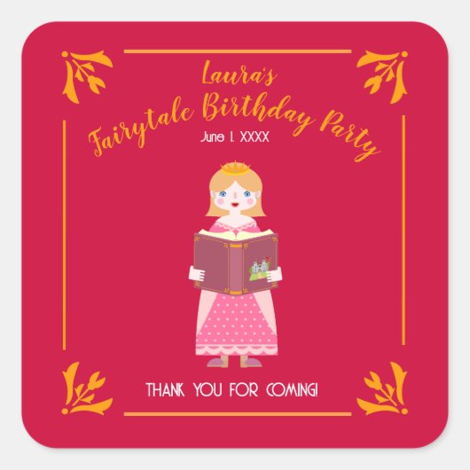 Märchengeschichten Girl's Birthday Party Quadratischer Aufkleber (Vorderseite)