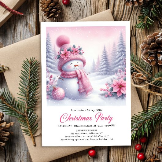 Märchenhaft rosa Schneemann editierbare Weihnachte Einladung