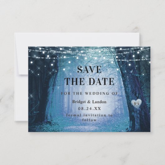 Märchenhaft verzauberter Wald Dunkelblau Save the Date (Vorderseite)